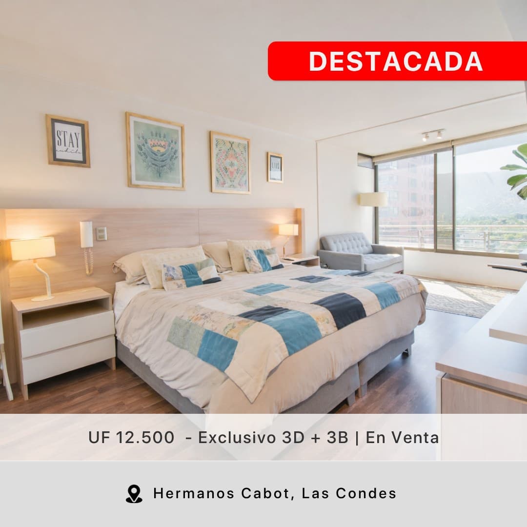 Tarjeta 1 del carrusel: dormitorio principal con vista a la cordillera, sello «Destacada» y la ubicación Hermanos Cabot, Las Condes.
