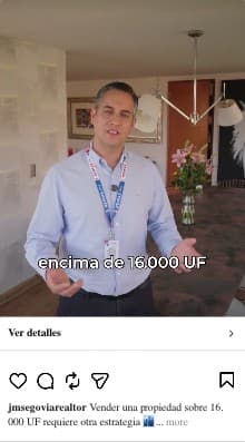 Captura real de una publicación de jmsegoviarealtor: José Miguel Segovia habla a cámara en un departamento, con el botón «Ver detalles».